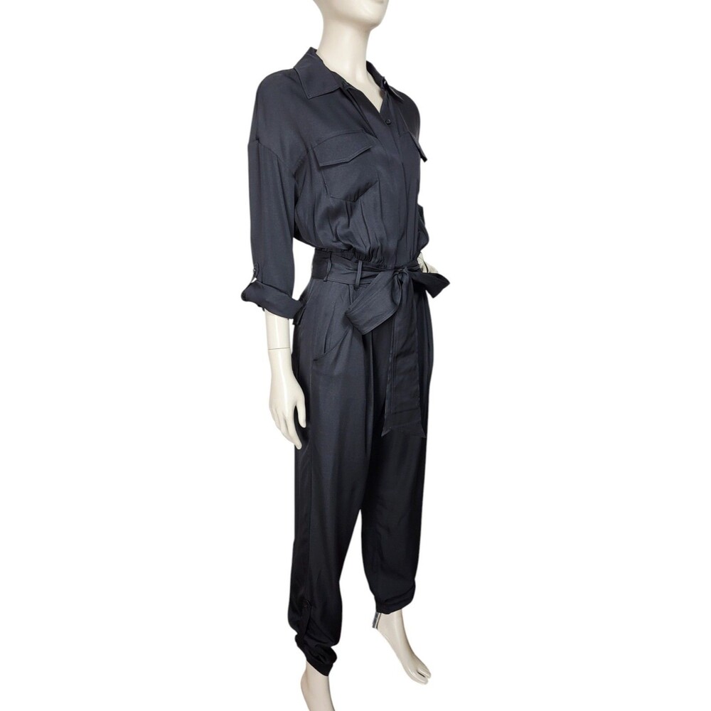 Milly Black Silk Blend Button-Front Belted Roll-Tab Batwing Sleeve Jumpsuit 4